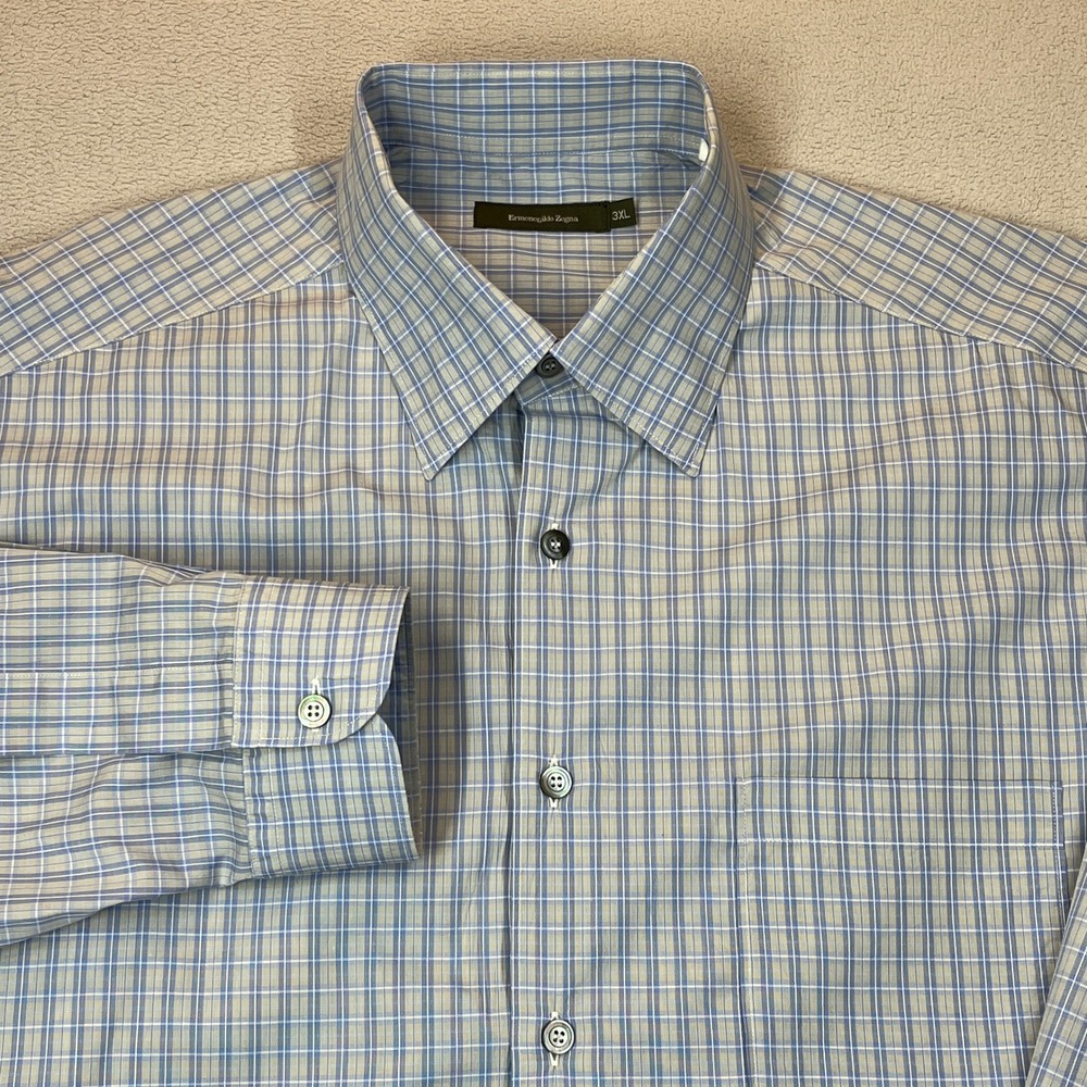 Ermenegildo Zegna Men 3XL 17.5 Blue Plaid Cotton Long Sl Button Down Shirt Italy